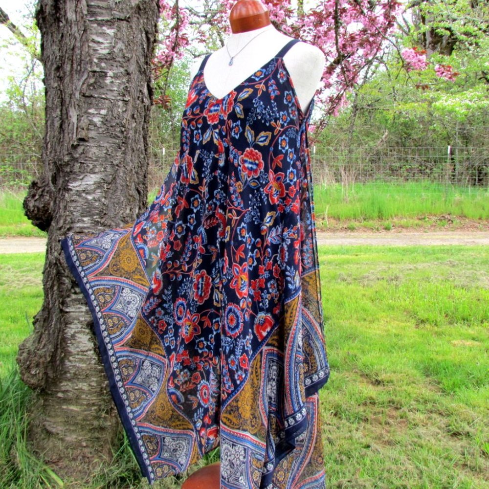 BOHO FESTIVAL DRESS, M, NAVY RED GOLD PRINT, AIRY OVERSKIRT, HANDKERCHIEF HEM - Picture 8 of 9